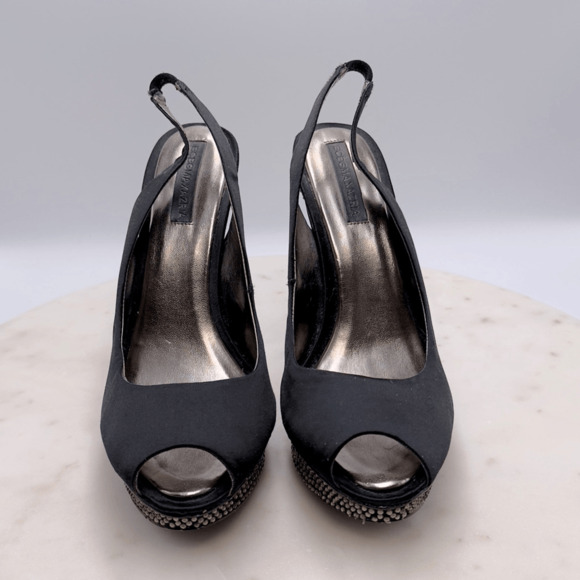 BCBGMAXAZRIA Falcon Black Satin Rhinestone Heels 8.5 Peep Toe Holiday Party - Picture 4 of 13